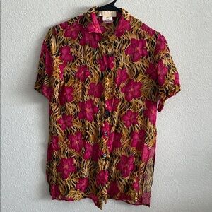 Escada 100% Silk Floral Button-Up Blouse Size 34 Pink & Gold